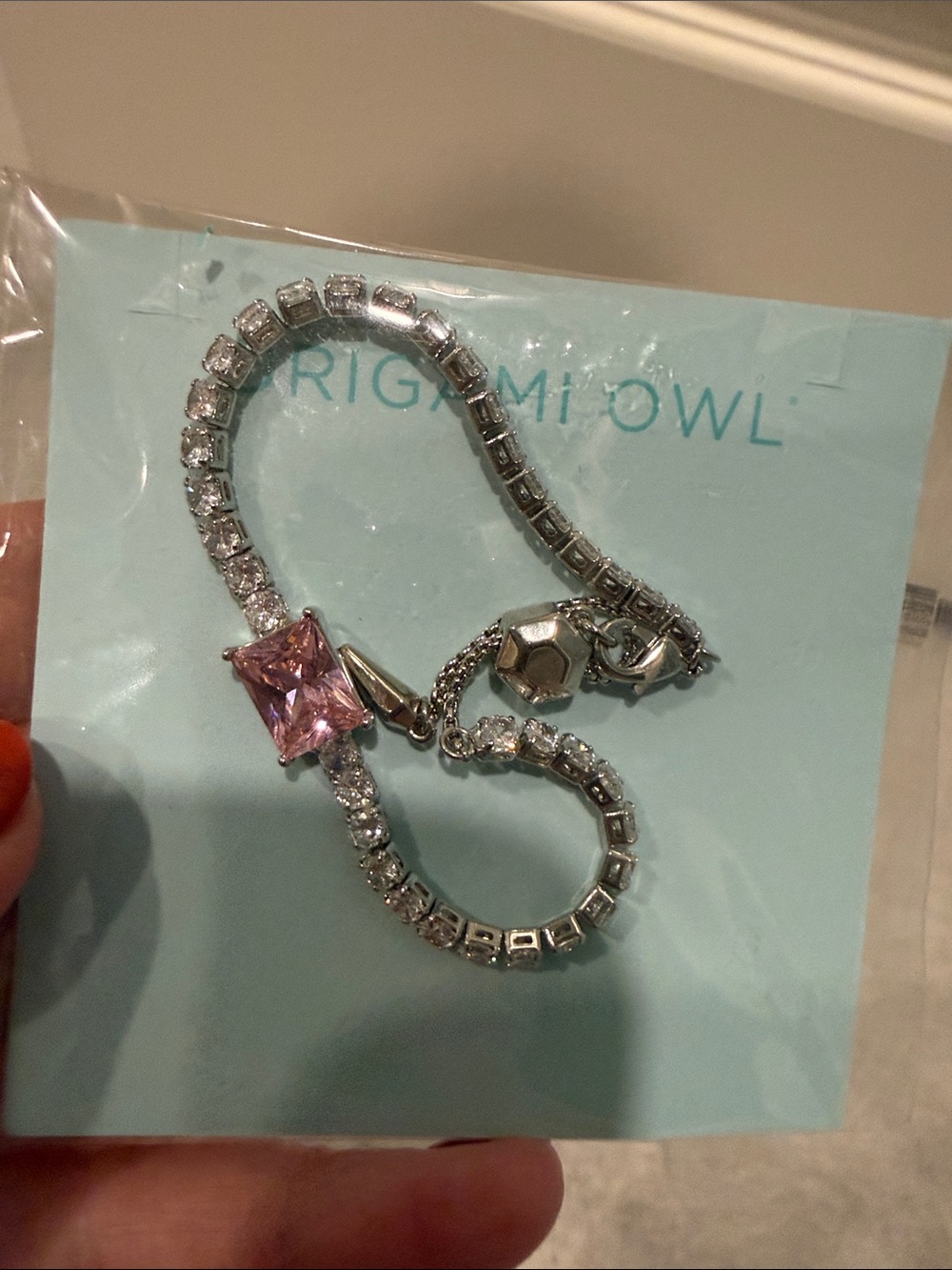 Origami Owl Silver Bracelet with Pink Square Crystal